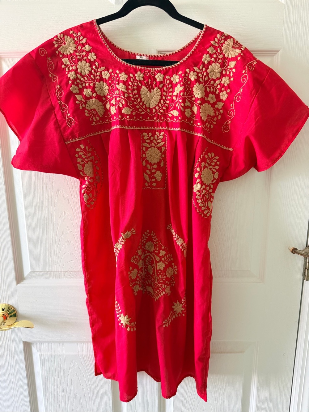 Women’s Embroidered Red Cotton Dress with Gold Floral Detail Allegra & Luca XL